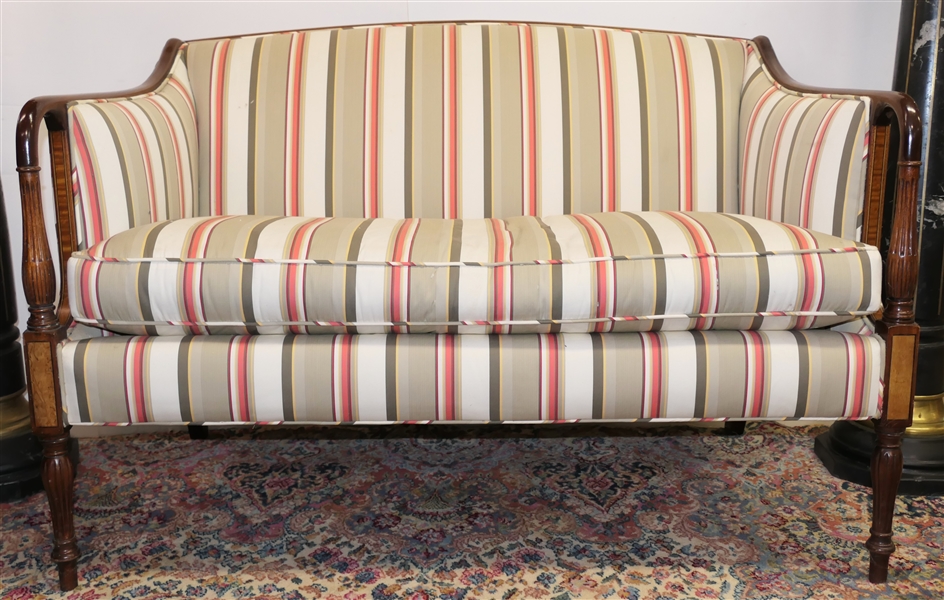 Zenkes Fine Interiors Sheraton Style Sofa - Yew Wood Inlay Arms and Legs - Reeded Legs and Arms - Sofa Measures 34" tall 49" by 28" - Small Tear on Right Side 