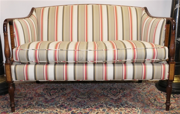 Zenkes Fine Interiors Sheraton Style Sofa - Yew Wood Inlay Arms and Legs - Reeded Legs and Arms - Sofa Measures 34 tall 49 by 28 - Small Tear on Right Side 