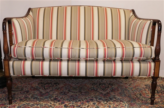 Zenkes Fine Interiors Sheraton Style Sofa - Yew Wood Inlay Arms and Legs - Reeded Legs and Arms - Sofa Measures 34 tall 49 by 28 - Small Tear on Right Side 