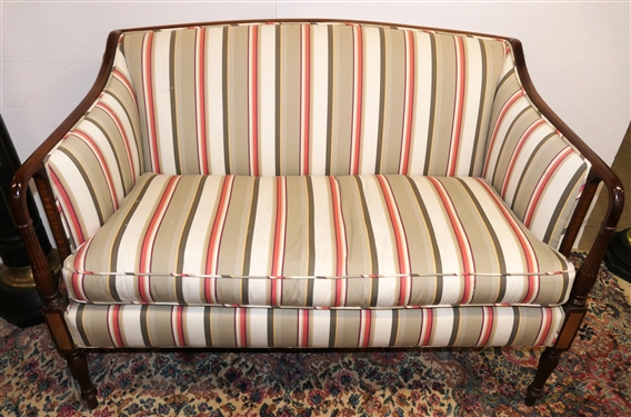 Zenkes Fine Interiors Sheraton Style Sofa - Yew Wood Inlay Arms and Legs - Reeded Legs and Arms - Sofa Measures 34 tall 49 by 28 - Small Tear on Right Side 