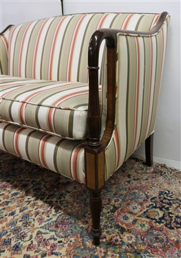 Zenkes Fine Interiors Sheraton Style Sofa - Yew Wood Inlay Arms and Legs - Reeded Legs and Arms - Sofa Measures 34 tall 49 by 28 - Small Tear on Right Side 