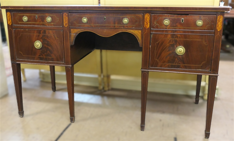Very Nice Mahogany Inlaid Sideboard by Colonial Art - Pittsburg - Original Label on Back - Crotch Mahogany Drawer Fronts with Burl Accents - 4 Finely Dovetailed Drawers - 2 Smaller At Top - Larger...