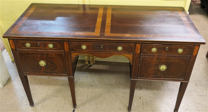 Very Nice Mahogany Inlaid Sideboard by Colonial Art - Pittsburg - Original Label on Back - Crotch Mahogany Drawer Fronts with Burl Accents - 4 Finely Dovetailed Drawers - 2 Smaller At Top - Larger...
