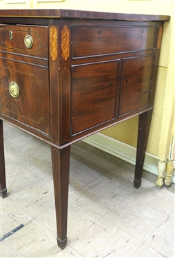 Very Nice Mahogany Inlaid Sideboard by Colonial Art - Pittsburg - Original Label on Back - Crotch Mahogany Drawer Fronts with Burl Accents - 4 Finely Dovetailed Drawers - 2 Smaller At Top - Larger...