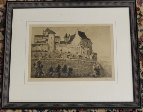 Artist Signed Steel Engraving L. Peinag - View of A Castle on Hillside - Framed and Matted - Frame Measures 16 1/4 by 19 1/2 