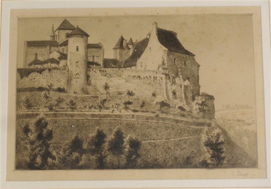 Artist Signed Steel Engraving L. Peinag - View of A Castle on Hillside - Framed and Matted - Frame Measures 16 1/4 by 19 1/2 