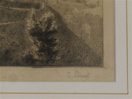 Artist Signed Steel Engraving L. Peinag - View of A Castle on Hillside - Framed and Matted - Frame Measures 16 1/4 by 19 1/2 