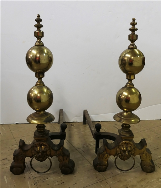 Pair of Nice 19th Century Brass Andirons with Lions Heads - Each Measures 23" Tall 