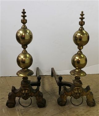 Pair of Nice 19th Century Brass Andirons with Lion's Heads - Each Measures 23 Tall 
