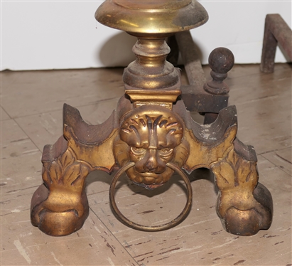 Pair of Nice 19th Century Brass Andirons with Lion's Heads - Each Measures 23 Tall 
