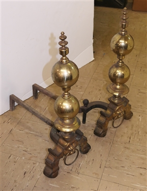 Pair of Nice 19th Century Brass Andirons with Lion's Heads - Each Measures 23 Tall 