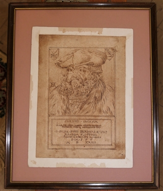 Pen and Ink Drawing Frederick The Wise Christo Sacrvm - D. Fridr Duci Saxon - S.R.IMP Albert Durer NVR Facievat -Framed - Glass is Missing - Artwork Measures 9 By 6 1/2 - Frame Measures 13...