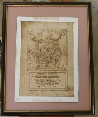 Pen and Ink Drawing Frederick The Wise Christo Sacrvm - D. Fridr Duci Saxon - S.R.IMP Albert Durer NVR Facievat -Framed - Glass is Missing - Artwork Measures 9 By 6 1/2 - Frame Measures 13...