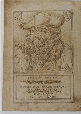 Pen and Ink Drawing Frederick The Wise Christo Sacrvm - D. Fridr Duci Saxon - S.R.IMP Albert Durer NVR Facievat -Framed - Glass is Missing - Artwork Measures 9 By 6 1/2 - Frame Measures 13...