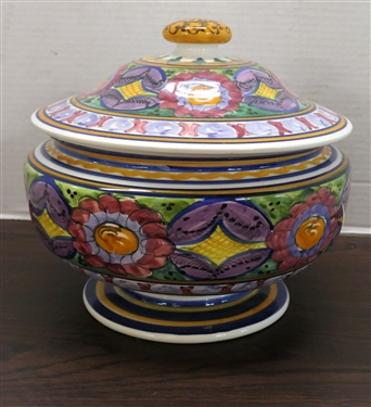 Beautiful Hand Painted Greek Tureen with Lid - Signed Greece on Bottom - Tureen Measures 9 Tall 9 Across - Bottom Has Large Chip - See Photos