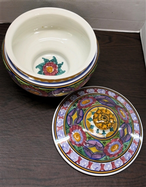 Beautiful Hand Painted Greek Tureen with Lid - Signed Greece on Bottom - Tureen Measures 9 Tall 9 Across - Bottom Has Large Chip - See Photos