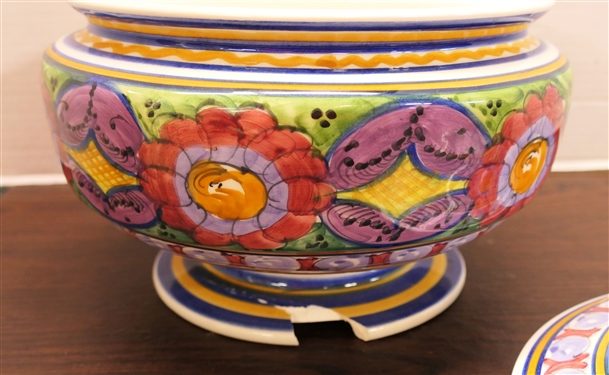Beautiful Hand Painted Greek Tureen with Lid - Signed Greece on Bottom - Tureen Measures 9 Tall 9 Across - Bottom Has Large Chip - See Photos