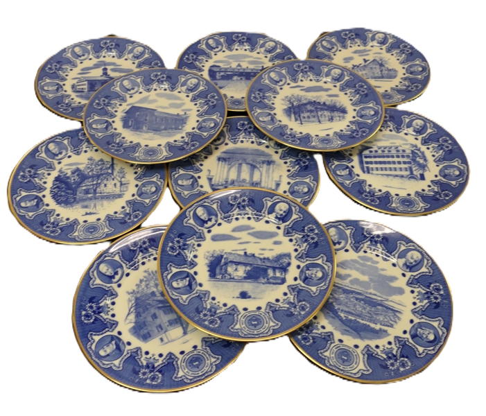 11 Moravian Historical Plates by Lambertson Scamshell - Blue Transferware Plates with Gold Trim - Plates Measure 10 3/8"