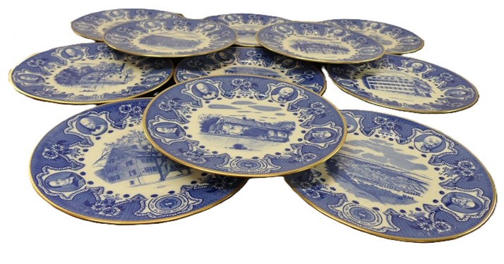 11 Moravian Historical Plates by Lambertson Scamshell - Blue Transferware Plates with Gold Trim - Plates Measure 10 3/8