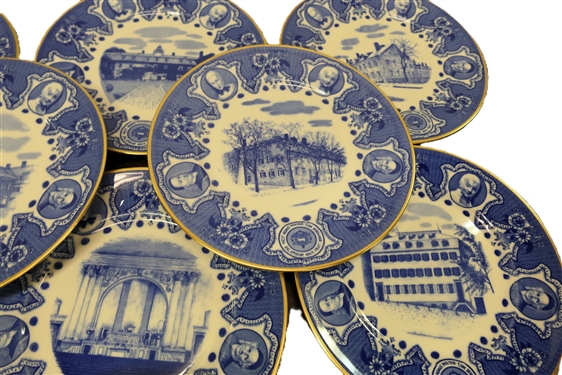 11 Moravian Historical Plates by Lambertson Scamshell - Blue Transferware Plates with Gold Trim - Plates Measure 10 3/8