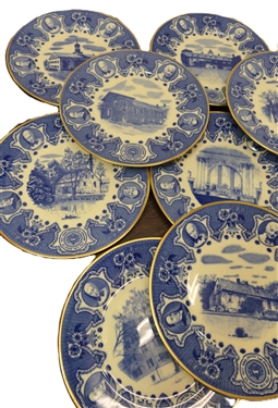 11 Moravian Historical Plates by Lambertson Scamshell - Blue Transferware Plates with Gold Trim - Plates Measure 10 3/8