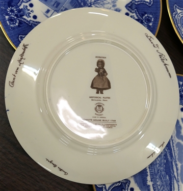 11 Moravian Historical Plates by Lambertson Scamshell - Blue Transferware Plates with Gold Trim - Plates Measure 10 3/8