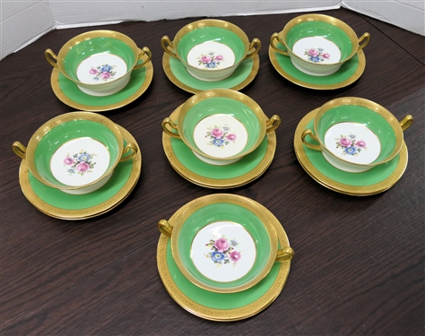 18 Pieces of Paragon Fine China - Made in England - Floral Centers with Green Boarder and Gold Trim - 7 Cream Soups with Saucers and 4 Additional Saucers 