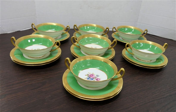 18 Pieces of Paragon Fine China - Made in England - Floral Centers with Green Boarder and Gold Trim - 7 Cream Soups with Saucers and 4 Additional Saucers 