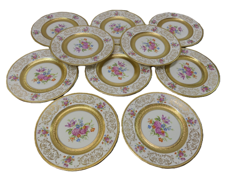 10 - Fine Concorde China Dinner Plates - Cream China with Floral Motif - Gold Boarder and Gold Trim - Plates Measure 10 3/4" Across