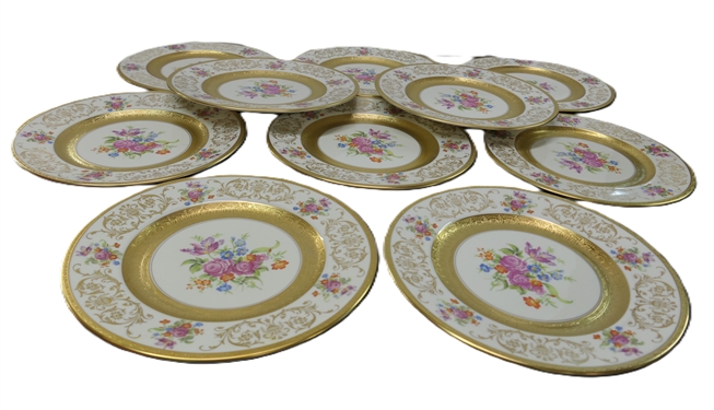 10 - Fine Concorde China Dinner Plates - Cream China with Floral Motif - Gold Boarder and Gold Trim - Plates Measure 10 3/4 Across
