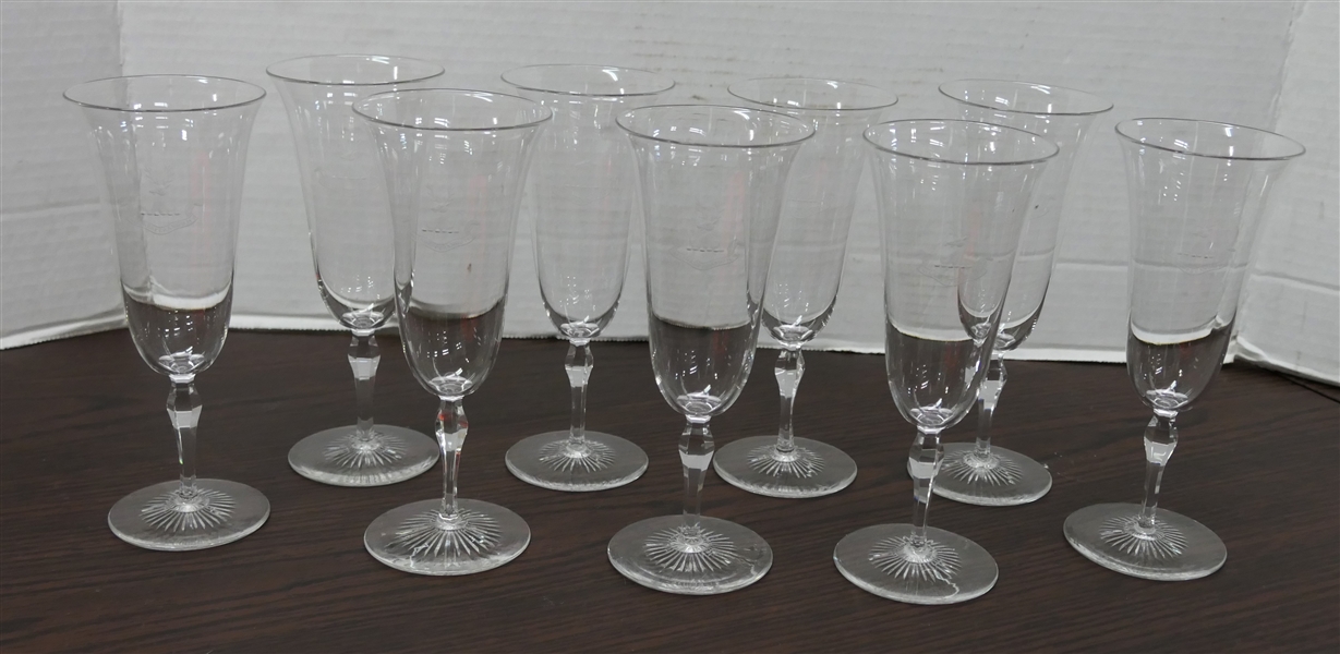 9 Delicate Goblets with Stag Head Crest - Sunburst Foot - Each Measures 6 1/4" Tall 