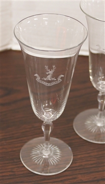 9 Delicate Goblets with Stag Head Crest - Sunburst Foot - Each Measures 6 1/4 Tall 