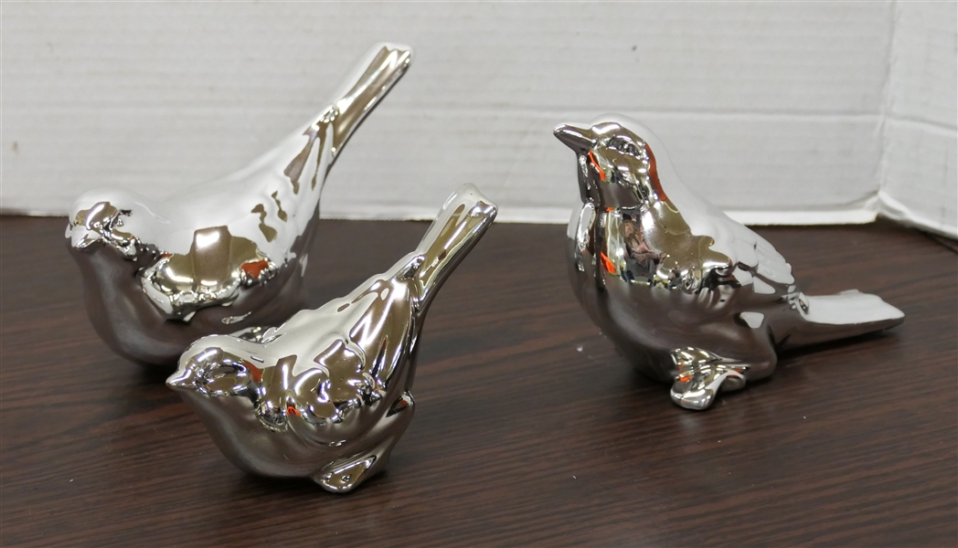 3 Ceramic Bird Figures - Silver Chrome Finish - Largest Measures 4" tall 6" Beak to Tail 