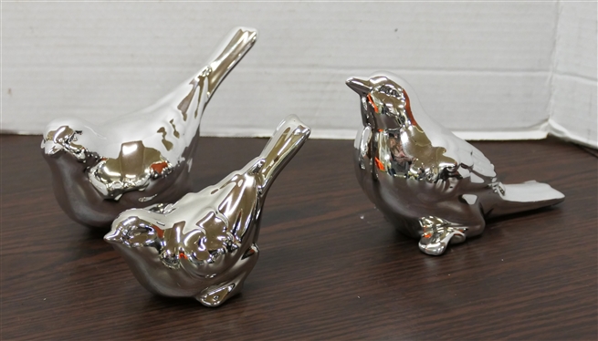 3 Ceramic Bird Figures - Silver Chrome Finish - Largest Measures 4 tall 6 Beak to Tail 