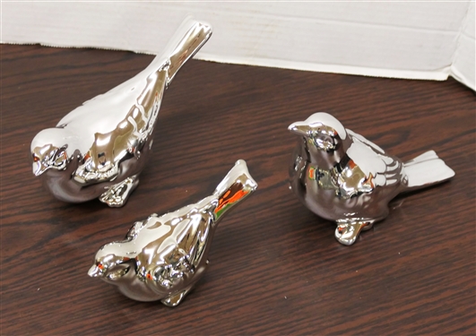 3 Ceramic Bird Figures - Silver Chrome Finish - Largest Measures 4 tall 6 Beak to Tail 