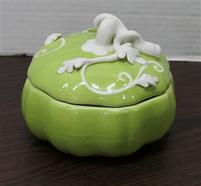 Green Ceramic Gourd Covered Dish with White Vine and Leaves - A Mottahedeh Design - 773-AE - Dish Measures 4 Tall 5 Across