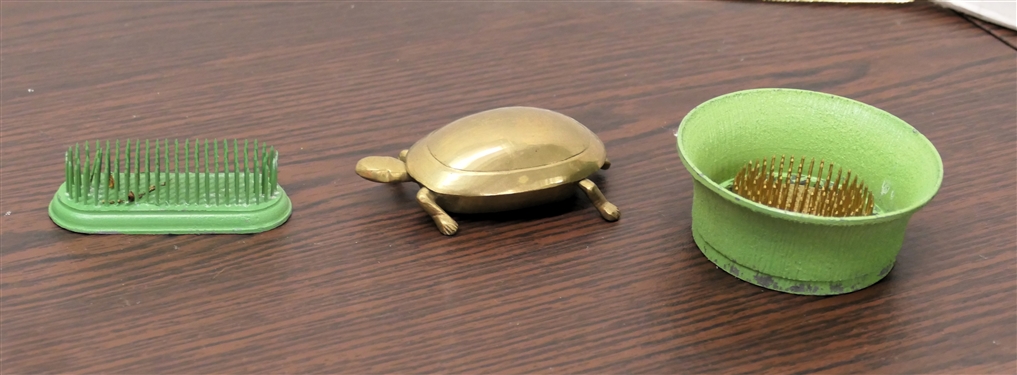 2 Vintage Metal Flower Frogs and Brass Turtle Ash Tray with Opening Back - Turtle Measures 4 Across
