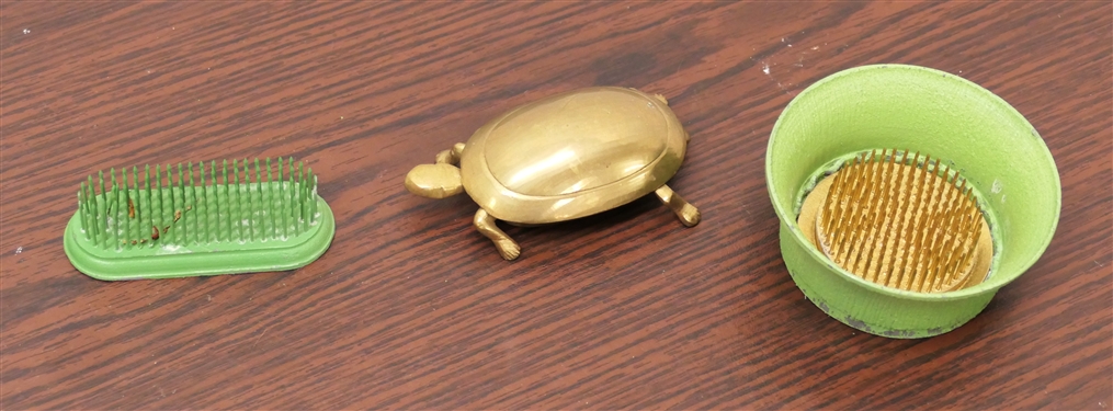 2 Vintage Metal Flower Frogs and Brass Turtle Ash Tray with Opening Back - Turtle Measures 4 Across