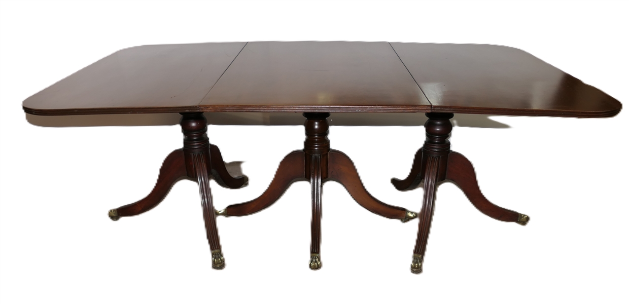 Excellent Mahogany Pedestal Base Dining Table - Duncan Phyfe Style with Brass Claw Feet - Large Table with 2 Additional Leaves - Center Pedestal with 4 Feet Outer Pedestals with 3 Feet - Table As...