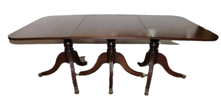 Excellent Mahogany Pedestal Base Dining Table - Duncan Phyfe Style with Brass Claw Feet - Large Table with 2 Additional Leaves - Center Pedestal with 4 Feet Outer Pedestals with 3 Feet - Table As...