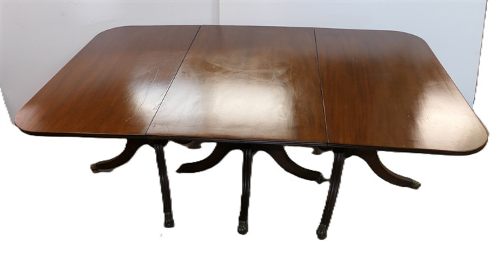 Excellent Mahogany Pedestal Base Dining Table - Duncan Phyfe Style with Brass Claw Feet - Large Table with 2 Additional Leaves - Center Pedestal with 4 Feet Outer Pedestals with 3 Feet - Table As...