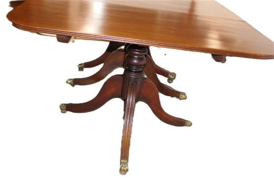 Excellent Mahogany Pedestal Base Dining Table - Duncan Phyfe Style with Brass Claw Feet - Large Table with 2 Additional Leaves - Center Pedestal with 4 Feet Outer Pedestals with 3 Feet - Table As...