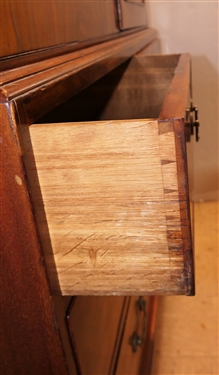 19th Century Mahogany Linen Press - Crotch Mahogany Doors - Crown Dentil Molding - Top Cabinet Has Been Converted To Wardrobe with Clothing Bar - Base with 4 Finely Dovetailed Drawers - Bracket...