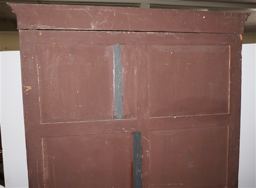 19th Century Mahogany Linen Press - Crotch Mahogany Doors - Crown Dentil Molding - Top Cabinet Has Been Converted To Wardrobe with Clothing Bar - Base with 4 Finely Dovetailed Drawers - Bracket...