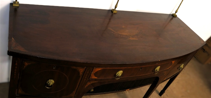 Very Fine English Regency Period Bow Front Sideboard - Outstanding Urn Inlay on Top Surface - Brass Gallery with Urn Finials Inlaid Drawer Fronts with Lions Head Pulls - Tambour Door Below Center...