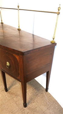 Very Fine English Regency Period Bow Front Sideboard - Outstanding Urn Inlay on Top Surface - Brass Gallery with Urn Finials Inlaid Drawer Fronts with Lions Head Pulls - Tambour Door Below Center...