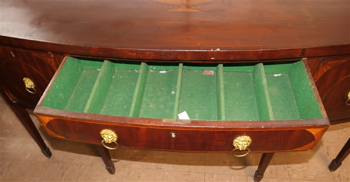 Very Fine English Regency Period Bow Front Sideboard - Outstanding Urn Inlay on Top Surface - Brass Gallery with Urn Finials Inlaid Drawer Fronts with Lions Head Pulls - Tambour Door Below Center...