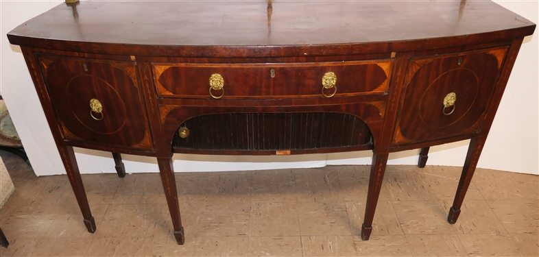 Very Fine English Regency Period Bow Front Sideboard - Outstanding Urn Inlay on Top Surface - Brass Gallery with Urn Finials Inlaid Drawer Fronts with Lions Head Pulls - Tambour Door Below Center...