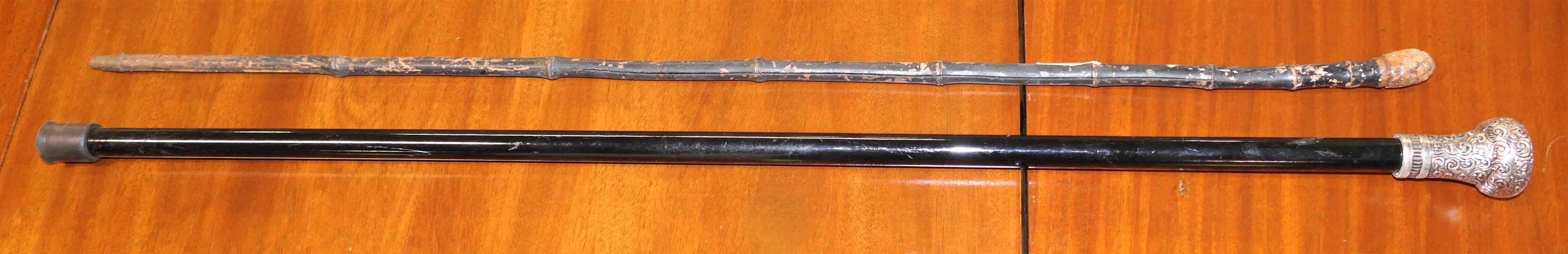 Unusual Antique Bamboo Walking Cane with Knot Knob and Black Walking Cane with Silver Tone Knob - Black Cane Measures 37" Long