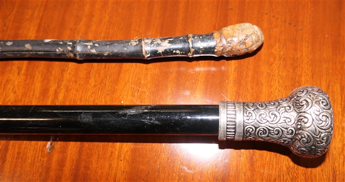 Unusual Antique Bamboo Walking Cane with Knot Knob and Black Walking Cane with Silver Tone Knob - Black Cane Measures 37 Long
